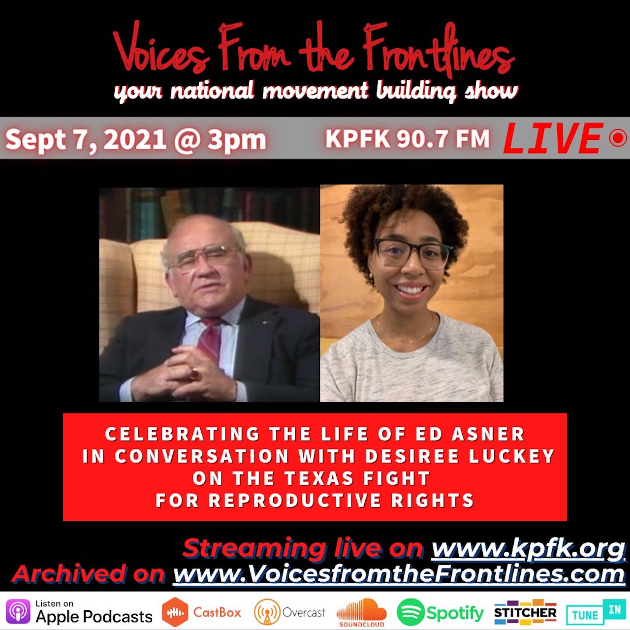 This week on Voices Radio; We hear from Desiree Luckey of URGE.org on Texas’ SB8 abortion bill and Eric talks about Ed Asner This week on Voices Radio; We hear from Desiree Luckey of URGE.org on Texas’ SB8 abortion bill and Eric talks about Ed Asner